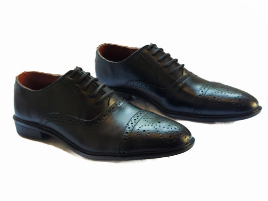FRM12 - BLK | Refined Black Leather Semi-Brogue Oxfords