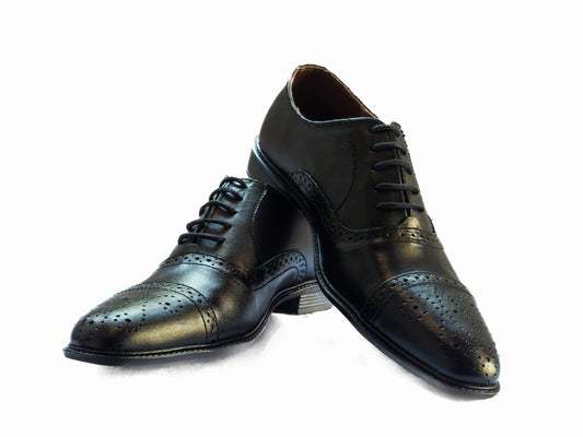 FRM12 - BLK | Refined Black Leather Semi-Brogue Oxfords
